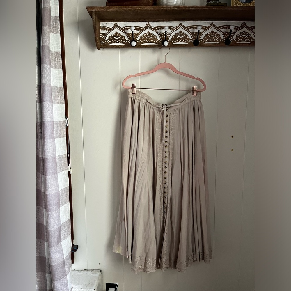Cream Embroidered Button-Down Bohemian Maxi Skirt